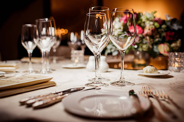 Empty glasses in restaurant. Table setting for celebration Empty glasses in restaurant. Table setting for celebration